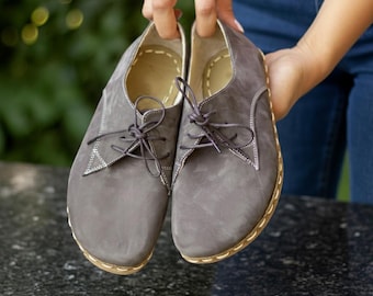 Oxford Barefoot Gray Nubuck Leather Handmade Women Earthing Shoes