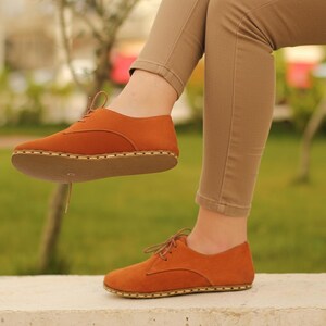 Oxford Barefoot Orange Nubuck Leather Handmade Women Classic Yemeni Shoes, Natural, Colorful, Slip-On