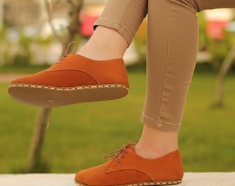Oxford Barefoot Orange Nubuck Leather Handmade Women Classic Yemeni Shoes, Natural, Colorful, Slip-On