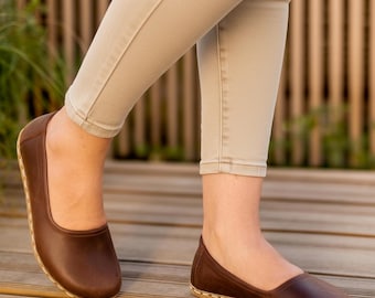 Handmade Dark Brown Leather Barefoot Ballet Flats - Women's Minimalist Shoes