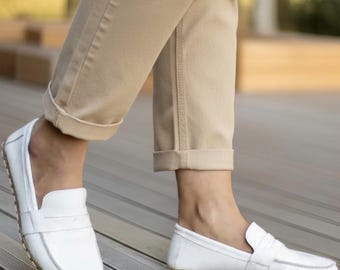 Handmade White Leather Barefoot Penny Loafers: Women's Zero Drop Earthing Shoes