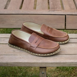 Handmade Brown Barefoot Penny Loafers for Women, Barefoot Zero Drop Grounding Shoes, Brown Natural Leather Earthing Shoes