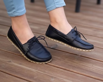 Handmade Black Leather Barefoot Boat Shoes: Women's Zero Drop Loafers
