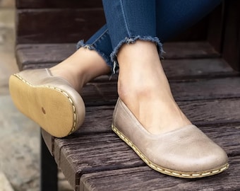 Handmade Beige Leather Ballet Flats: Barefoot Grounding Shoes