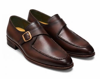 Men's Dark Chocolate Single Monk-Strap Shoe | Moc-Toe Apron | Gold Buckle
