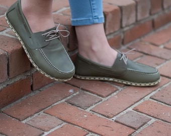 Handmade Olive Green Leather Barefoot Boat Shoes - Women's Grounding Loafers
