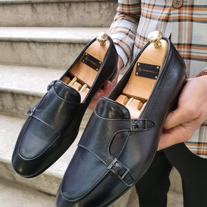 Black Double Monk Strap Shoes for Men