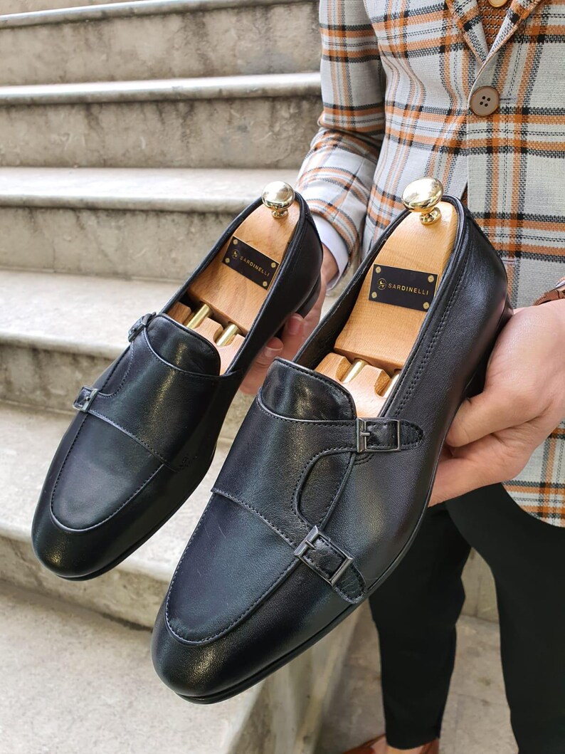 Black Double Monk Strap Shoes for Men
