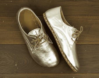 Handmade Silver Leather Barefoot Oxfords: Women's Zero Drop Earthing Shoes