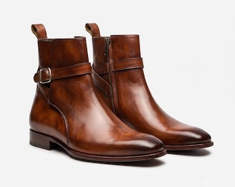 Men's Cognac Patina Jodhpur Ankle Boot | Zip Entry | Antiqued Buckle Strap
