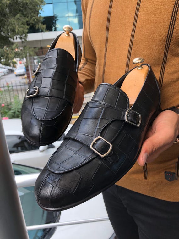 Black Croc Embossed Double Monk Strap Loafers | Men's Dress Shoes