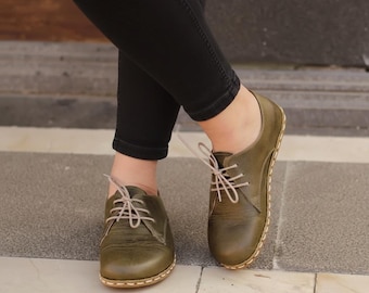 Handmade Olive Green Leather Oxfords: Women's Barefoot Lace Up Earthing Shoes
