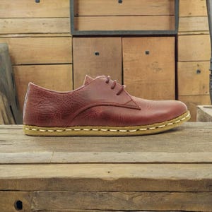 Handmade Burgundy Leather Barefoot Oxfords: Women&#39;s Zero Drop Lace Up Earthing Shoes