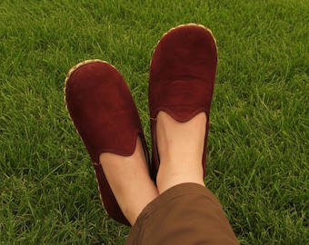 Barefoot Burgundy Nubuck Leather Handmade Women Grounding Yemeni Shoes