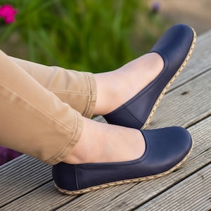 Handmade Leather Ballet Flats: Navy Blue Grounding Barefoot Shoes