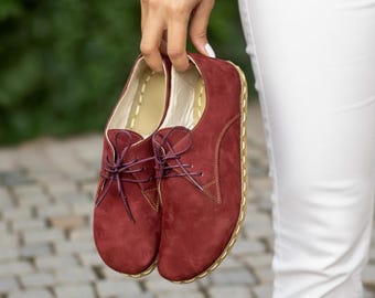 Oxford Barefoot Burgundy Nubuck Leather Handmade Women Classic Yemeni Shoes