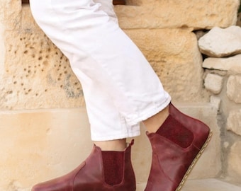 Handmade Burgundy Leather Chelsea Boots: Women's Barefoot Grounding Shoes