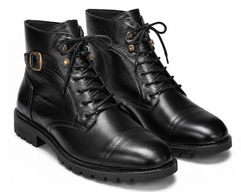 Men's Black Mixed-Leather Combat Boot | Lug Sole | Buckle Strap | Brass Hardware