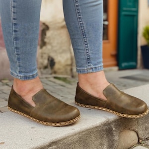 Women Earthing Barefoot Loafers, Minimalist Women Grounding Shoes, Barefoot Olive Green Zero Drop Shoes, Barefoot Wide Flat Shoe for Women