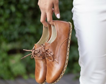 Handmade Leather Barefoot Oxfords: Antique Brown Zero Drop Lace Up Shoes