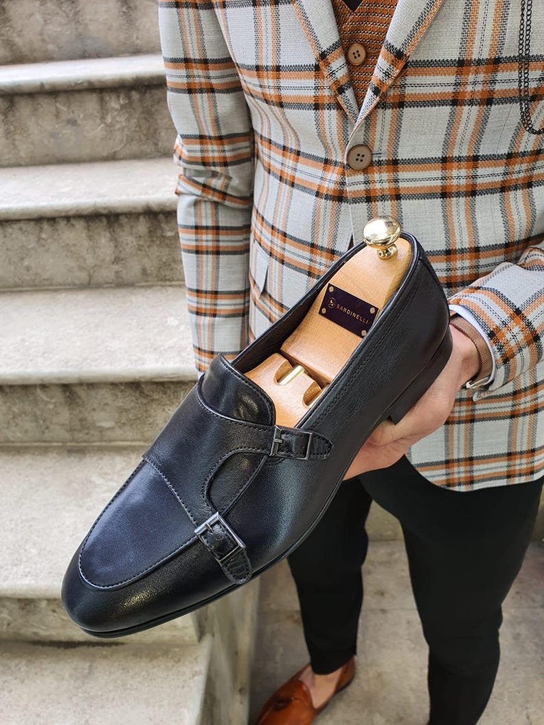 Black Double Monk Strap Dress Shoes for Men
