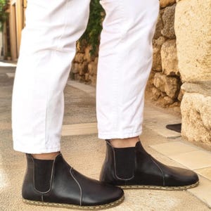 Barefoot Grounding Zero Drop Handmade Olive Green Leather Chelsea Boots, Barefoot Earthing Shoes Women, Minimalist Wide Toe Chelsea Shoes