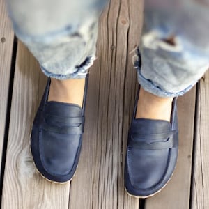 Handmade Navy Blue Barefoot Penny Loafers for Women, Barefoot Zero Drop Grounding Shoes, Blue Natural Leather Earthing Shoes