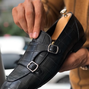 Black Croc Embossed Double Monk Strap Loafers