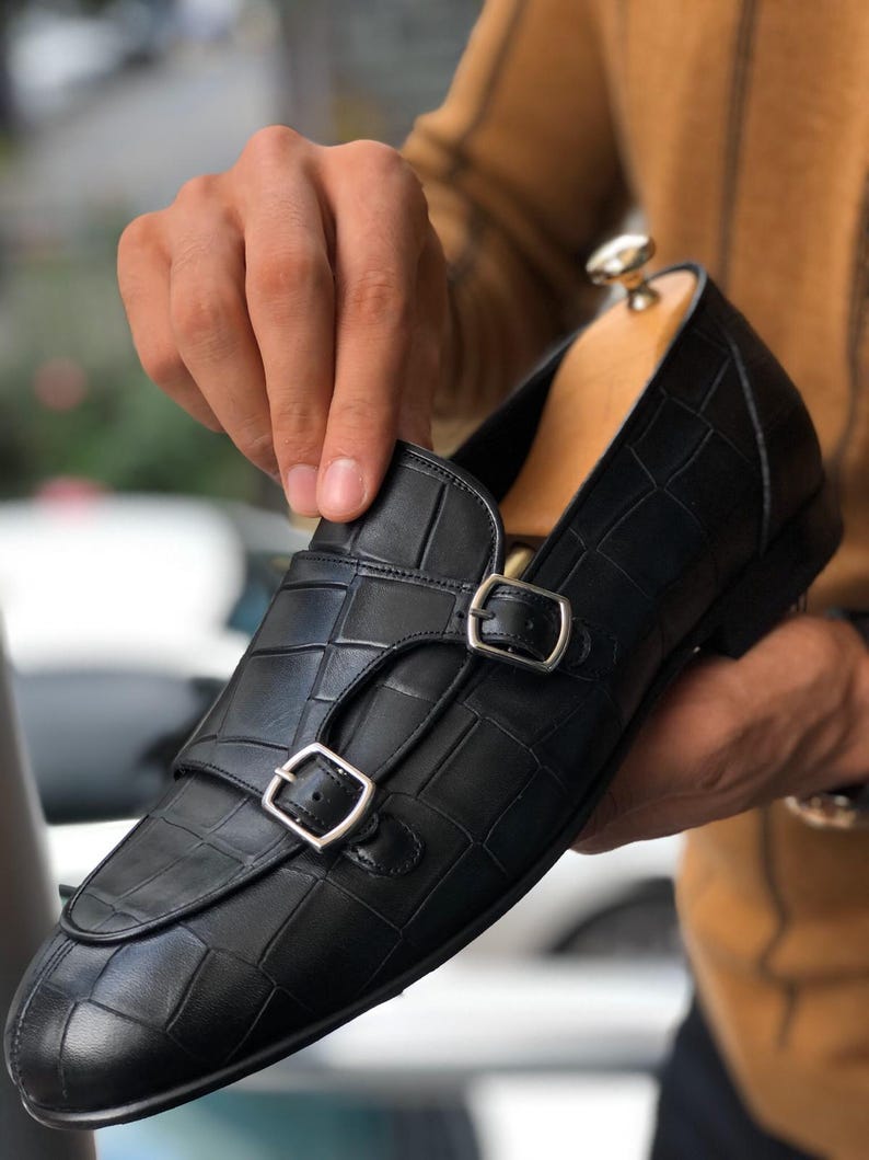 Black Croc Embossed Double Monk Strap Loafers