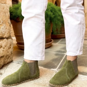 Barefoot Grounding Zero Drop Handmade Leather Green Nucbuck Chelsea Boots, Barefoot Earthing Shoes Women, Minimalist Wide Toe Box Shoes