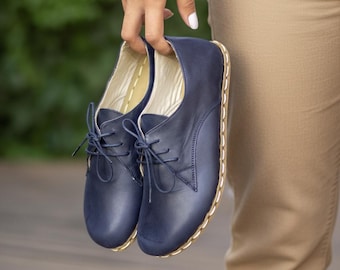 Handmade Navy Blue Leather Oxfords: Women's Barefoot Lace Up Earthing Shoes