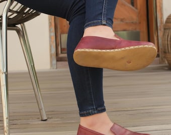 Handmade Burgundy Barefoot Loafers: Women's Grounding Minimalist Shoes