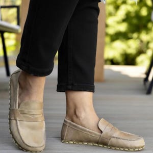 Handmade Beige Leather Barefoot Penny Loafers - Women's Zero Drop Earthing Shoes