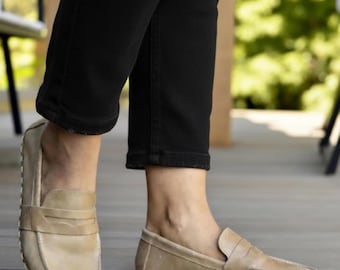 Handmade Beige Leather Barefoot Penny Loafers - Women's Zero Drop Earthing Shoes