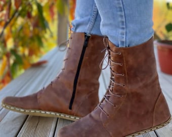 Handmade Brown Leather Barefoot Boots: Minimalist Lace-Up Zero Drop Shoes