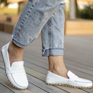 Handmade White Barefoot Penny Loafers for Women, Barefoot Zero Drop Grounding Shoes, White Natural Leather Earthing Shoes