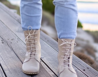 Handmade Beige Barefoot Leather Boots For Men: Zero Drop Leather Earthing Shoes