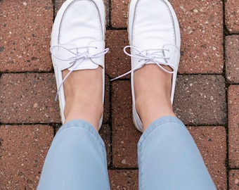 Handmade White Leather Barefoot Boat Shoes: Women's Grounding Loafers