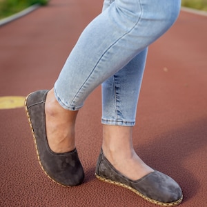 Baleriny Barefoot Grounding Zero Drop, ręcznie robione, skórzane, szare, nubukowe, damskie, baleriny, minimalistyczne buty Barefoot