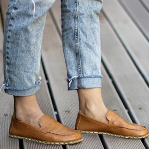 Handmade Mustard Brown Barefoot Penny Loafers for Women, Barefoot Zero Drop Grounding Shoes, Brown Natural Leather Earthing Shoes
