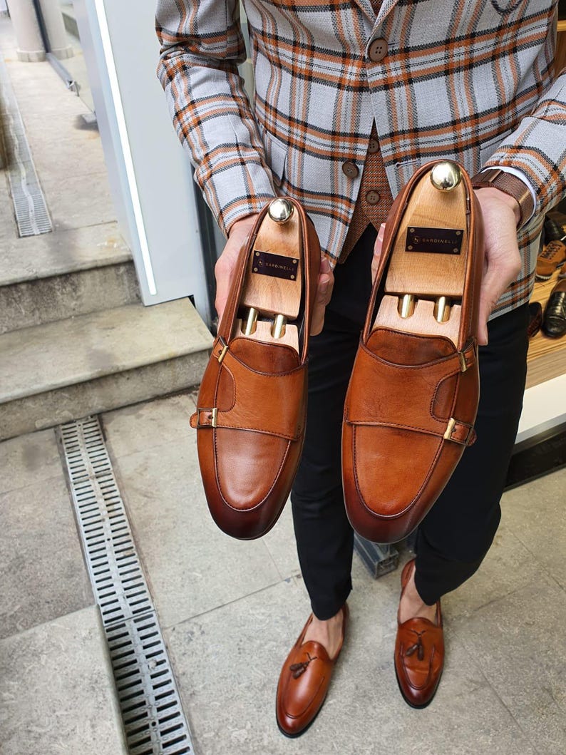 Tan Double Monk Strap Shoes for Men