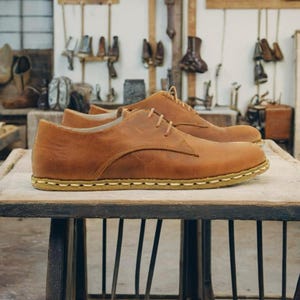 Handmade Brown Leather Barefoot Oxfords - Zero Drop Lace-Up Shoes