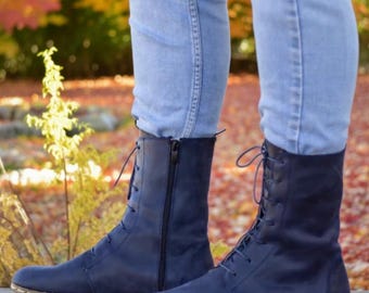 Handmade Navy Blue Barefoot Leather Boots For Men: Zero Drop Leather Earthing Shoes