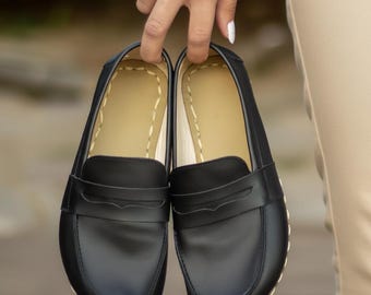 Handmade Black Leather Barefoot Loafers: Women's Zero Drop Earthing Shoes
