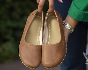 Handmade Leather Matte Brown Ballet Flats: Barefoot Grounding Shoes