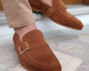 Brown Suede Loafers for Men - Buckle Strap Slip-On Shoes - Casual & Dress Loafers - Sardinelli Footwear