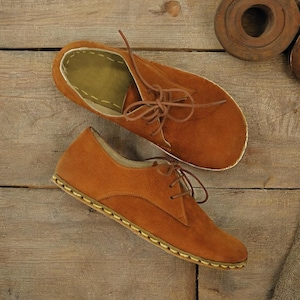 Oxford Barefoot Orange Nubuck Leather Handmade Women Classic Yemeni Shoes, Natural, Colorful, Slip-On, Gift for Her, Gift for Mother