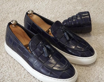 Navy Blue Tassel Loafers Men | Sardinelli Synthetic Leather Slip-Ons