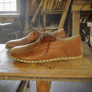 Handmade Leather Barefoot Oxfords: Antique Brown Zero Drop Lace Up Shoes