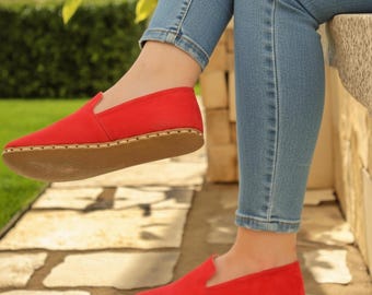 Handmade Red Nubuck Leather Barefoot Loafers: Women's Grounding Shoes